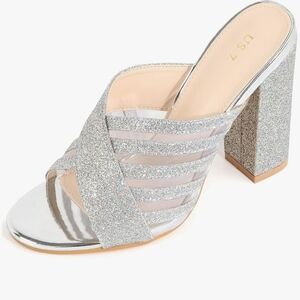 Allegra K Silver Glitter Block Heel Mule Size 8.5